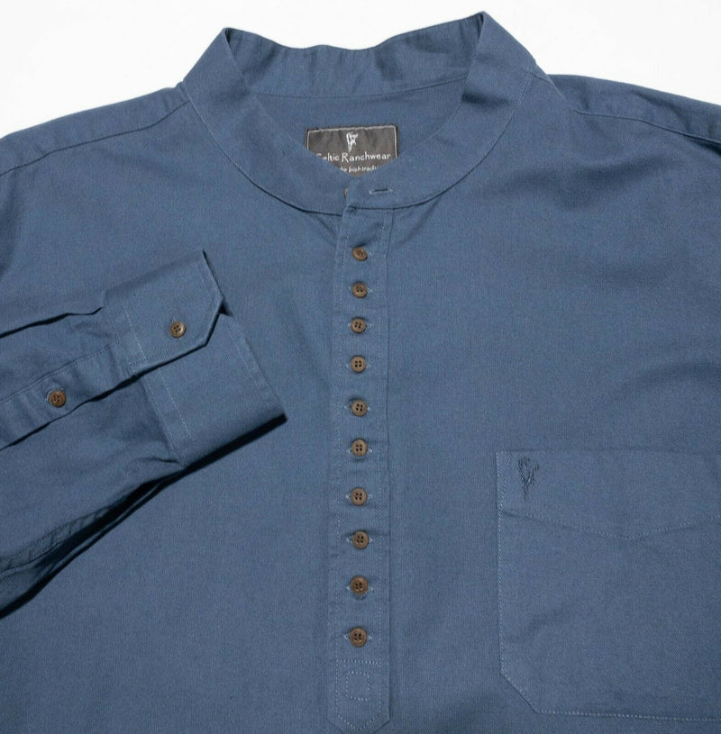 Celtic Ranchwear Collarless Button-Up Shirt Blue Irish Cotton Linen Men's 3XL