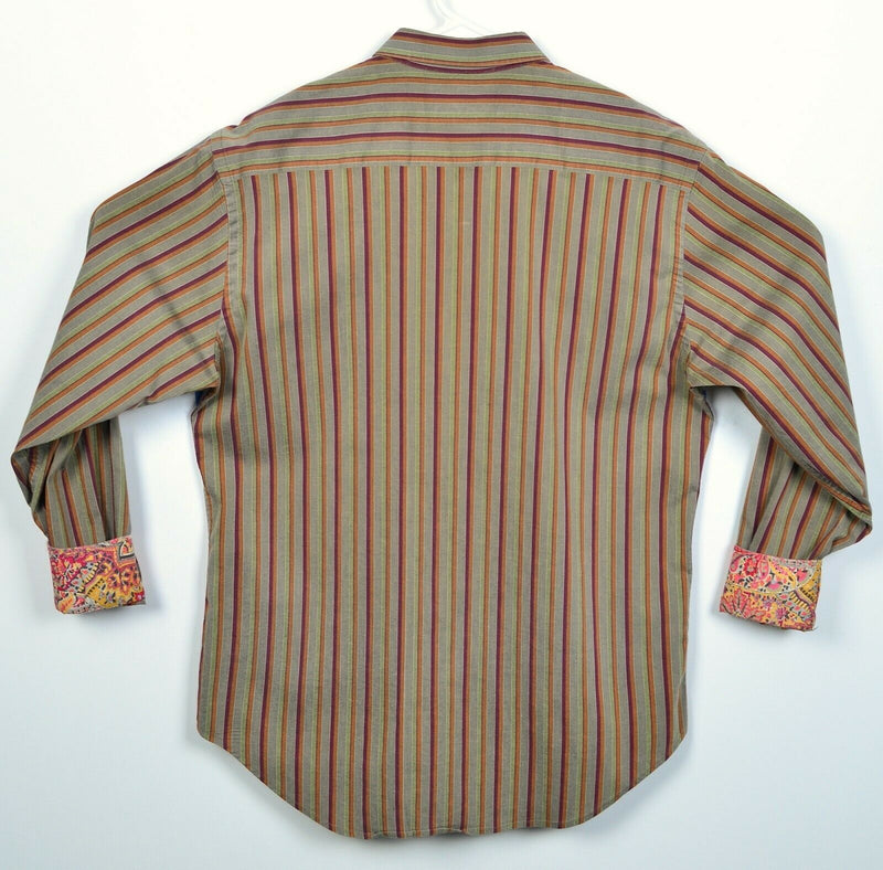 Robert Graham Men's Large Flip Cuff Brown Orange Striped Designer Shirt