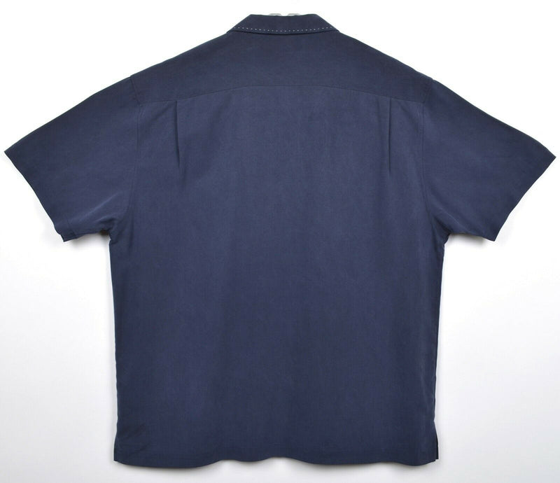 Nat Nast Men's Large 100% Silk Navy Blue Ruffle Panel Hawaiian Bowling Shirt
