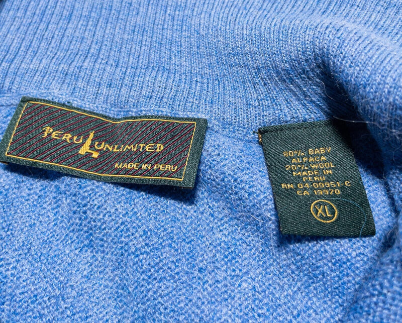 Peru Unlimited Alpaca Sweater Men's XL Wool Blend 1/4 Zip Pullover Knit Blue