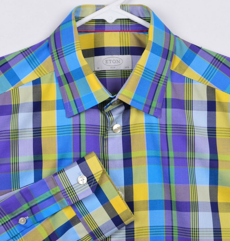 ETON Men's Sz 15.5 Slim Purple Yellow Blue Plaid Button-Front Dress Shirt