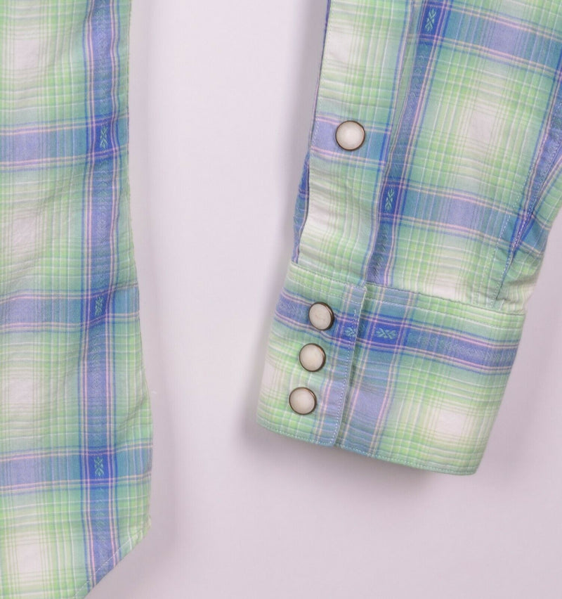 Polo Ralph Lauren Men's Medium Pearl Snap Green Blue Pink Plaid Western Shirt