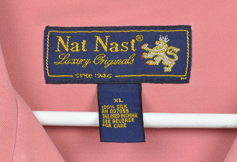 Nat Nast Men's Sz XL 100% Silk Salmon Pink Stitch Accent Hawaiian Aloha Shirt