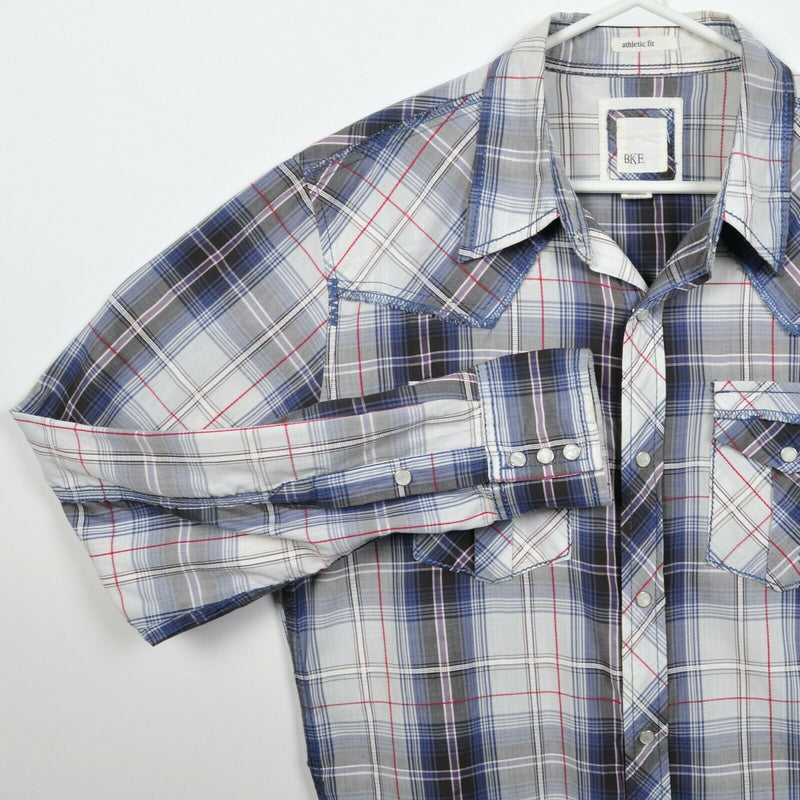 BKE Buckle Men's Medium Athletic Fit Pearl Snap Blue Gray Plaid Rockabilly Shirt