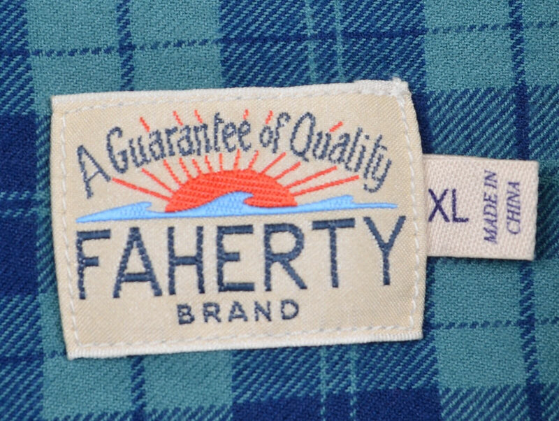 Faherty Men's Sz XL Blue Teal Green Plaid Long Sleeve Flannel Shirt