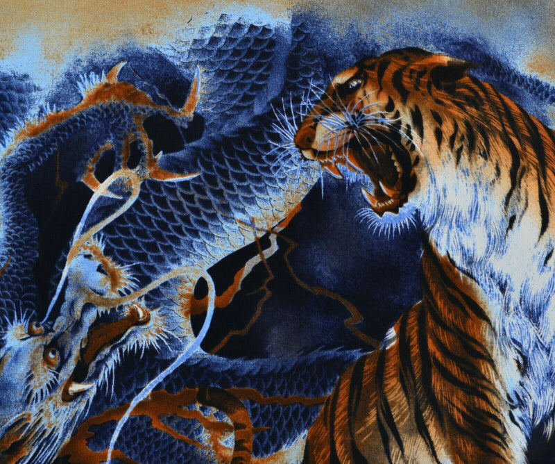 Billion Bay Men's Sz XL 100% Polyester Tiger vs Dragon Graphic Blue Camp Shirt