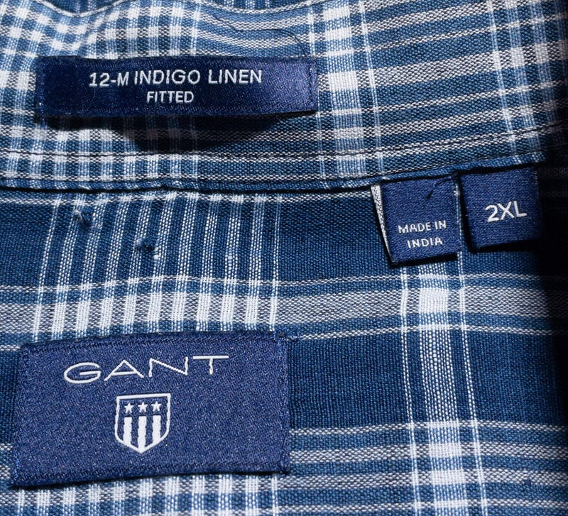 Gant Linen Shirt Men's 2XL Fitted Indigo Plaid Blue Long Sleeve Button-Down