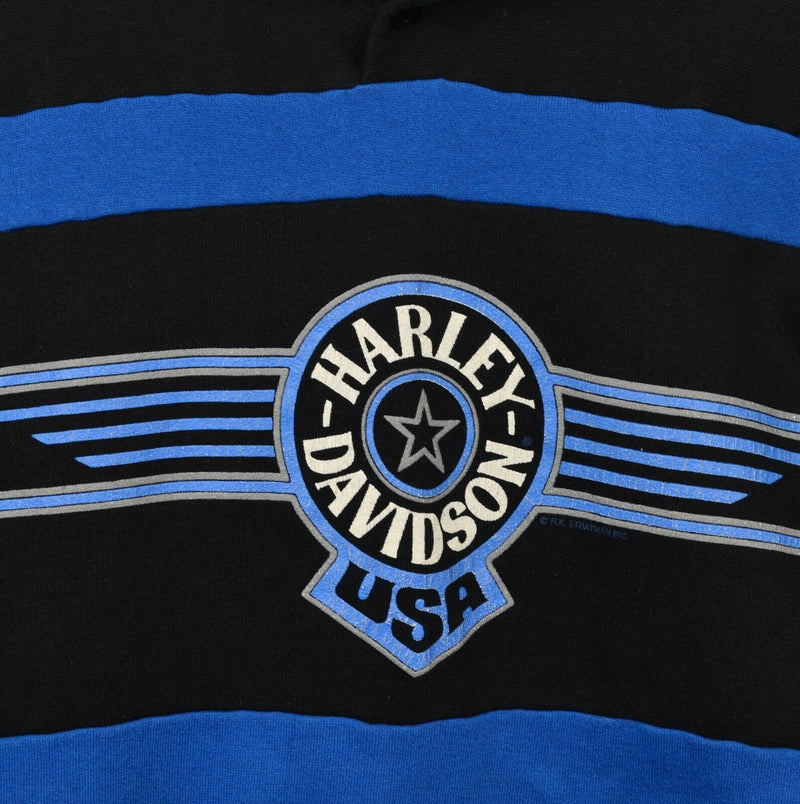 Vintage 90s Harley-Davidson Men's 2XL Blue Black Stripe Eagle Hoodie Sweatshirt