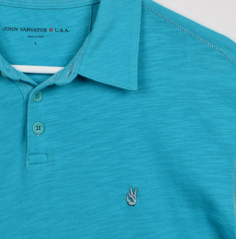 John Varvatos USA Men's Sz Large Teal Blue Embroidered Peace Sign ✌️ Polo Shirt