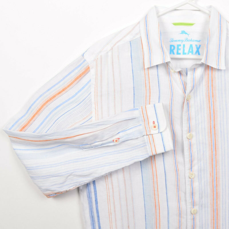 Tommy Bahama Relax Men's Medium 100% Linen White Blue Orange Striped Shirt