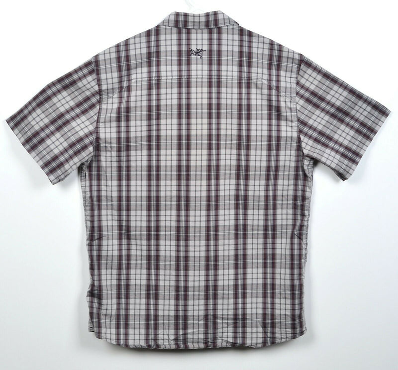 Arc'teryx Men's Large Gray Burgundy Plaid Cotton Blend Hiking Button-Front Shirt