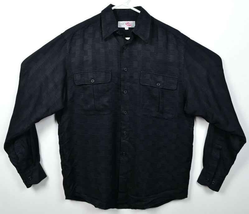 Genelli Men's Small 100% Silk Black Textured Check Button-Front Party Shirt