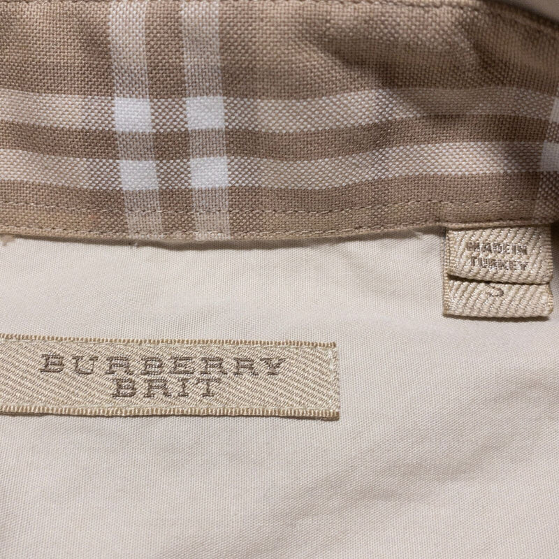 Burberry Brit Flip Cuff Shirt Men's Small Beige Tartan Accent Button-Up Logo