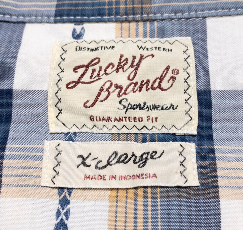 Lucky Brand Pearl Snap Aztec Shirt Men's XL Western Rockabilly Blue Plaid