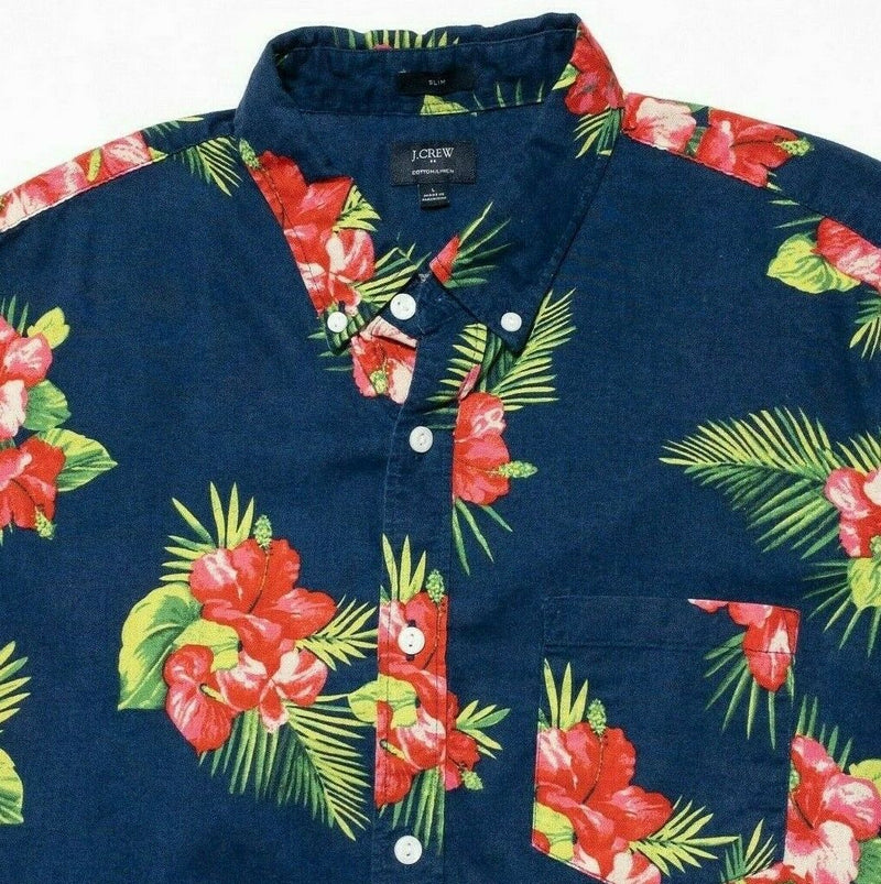 J. Crew Shirt Large Slim Fit Men's Floral Blue Pink Short Sleeve Button-Down