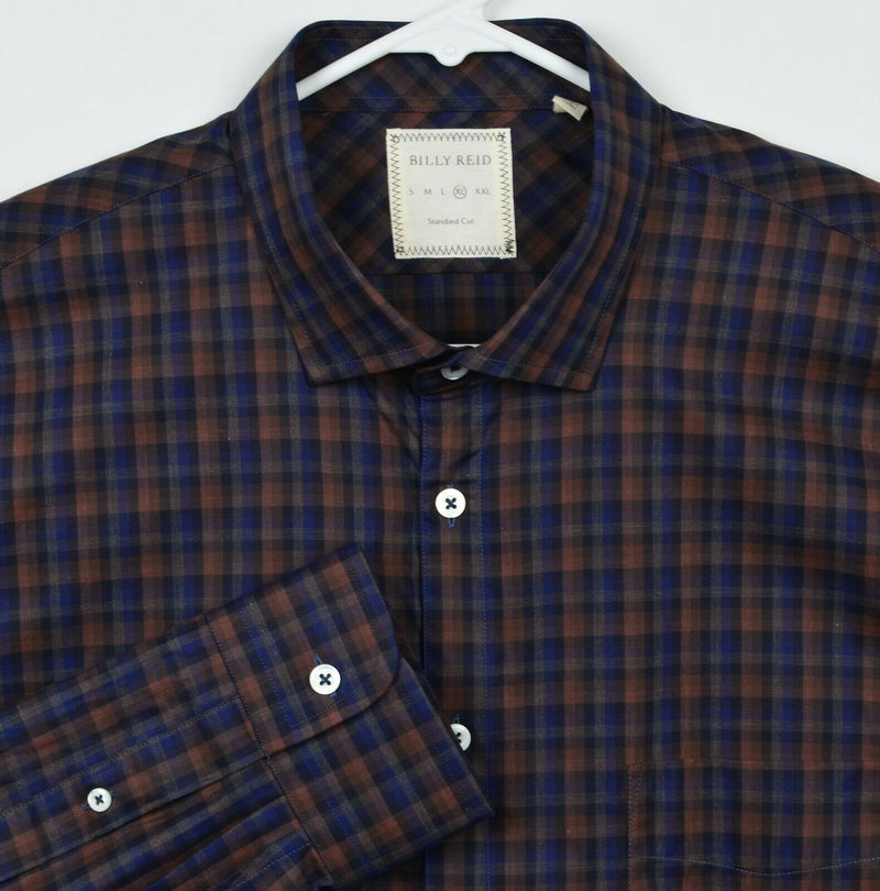 Billy Reid Men's XL Standard Cut Navy Blue Brown Plaid Check Button-Front Shirt