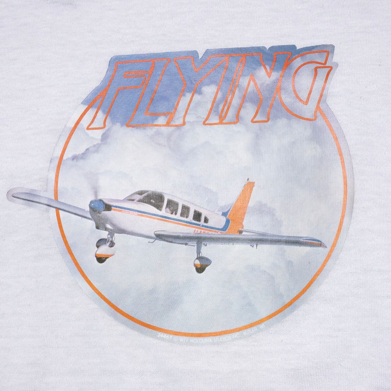 Vintage 70s Hanes Raglan T-Shirt Men's Large Flying Airplane White Blue Baseball