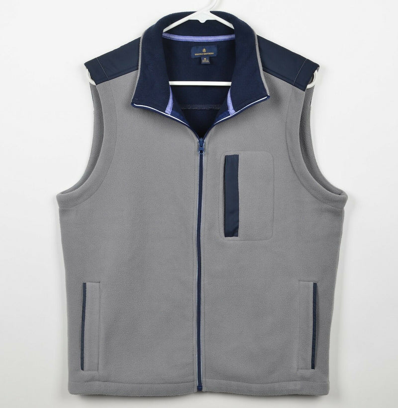 Brooks Brothers Men's Medium Fleece Gray Navy Blue Pockets Full Zip Vest