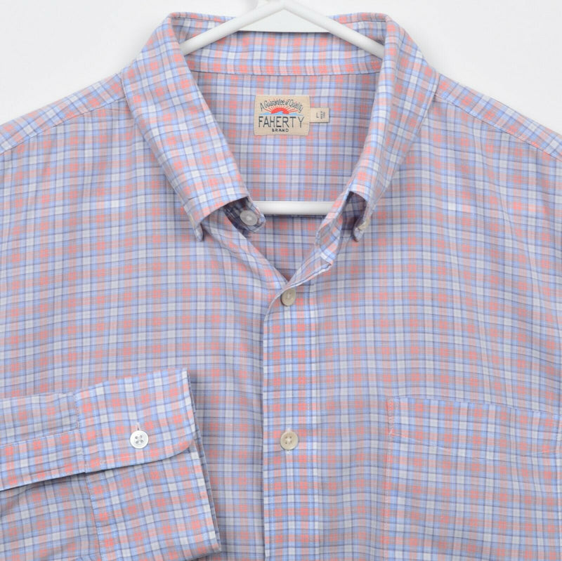 Faherty Brand Men's Large Orange Blue Plaid Cotton Spandex Button-Down Shirt