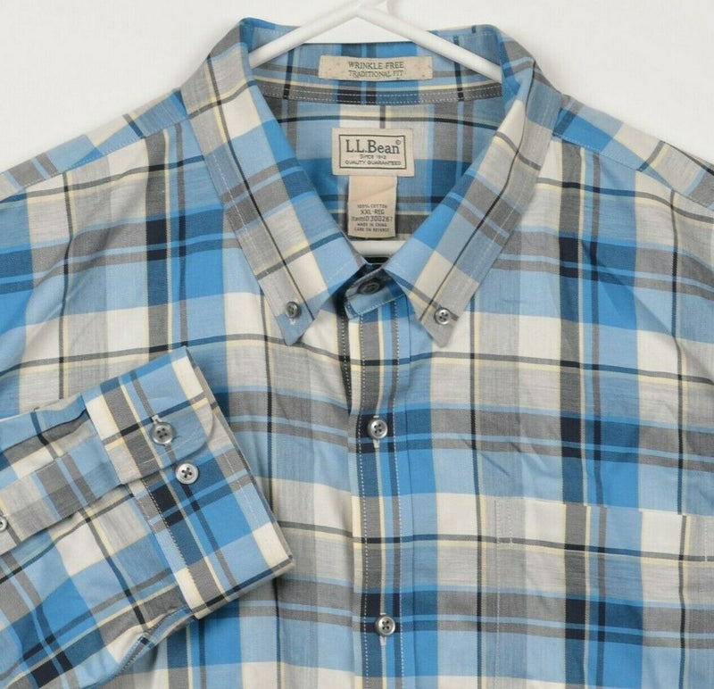 LL Bean Men's 2XL Traditional Fit Wrinkle Free Blue Gray Plaid Button-Down Shirt