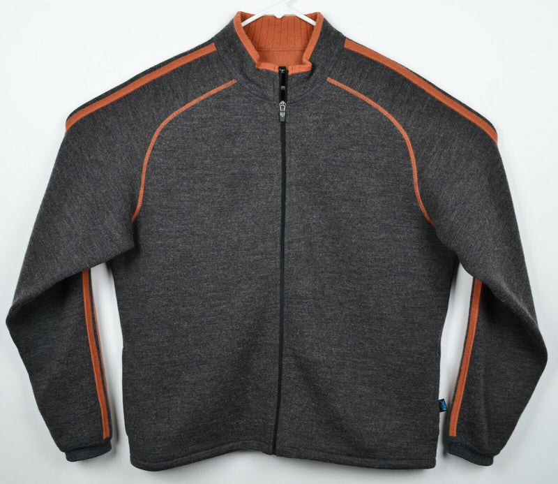 Kuhl Men’s Large 100% Merino Wool Gray Orange Stripe Full Zip Sweater Jacket