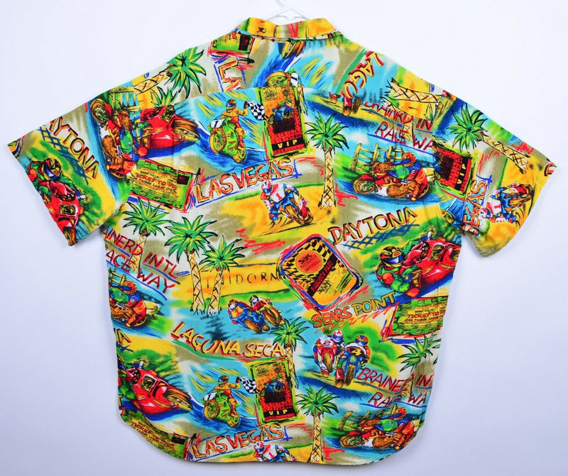 Vtg Jams World Men's Sz XL Race Track Rayon Motorcycle Daytona Hawaiian Shirt