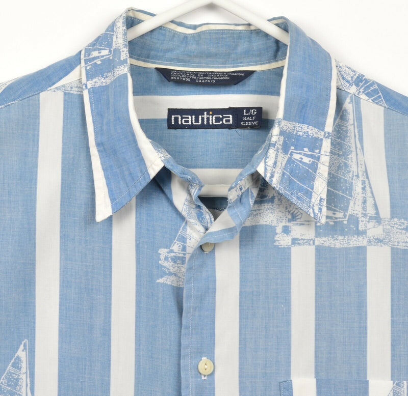 Vtg 90s Nautica Men's Sz Large Striped Sailboat Blue Chambray Button-Front Shirt