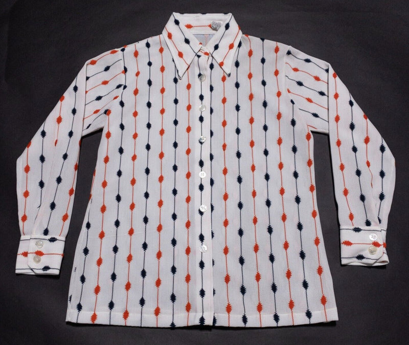 Vintage 70s Disco Shirt Men's Medium Geometric White Dagger Collar Long Sleeve