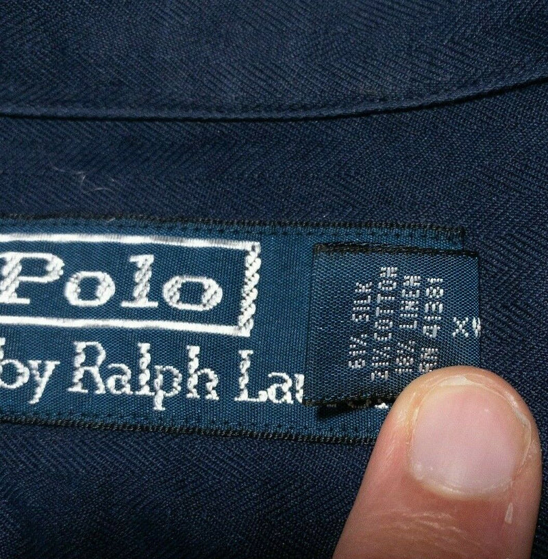 Polo Ralph Lauren Silk Linen Blend Navy Blue Long Sleeve Camp Shirt Men's Large