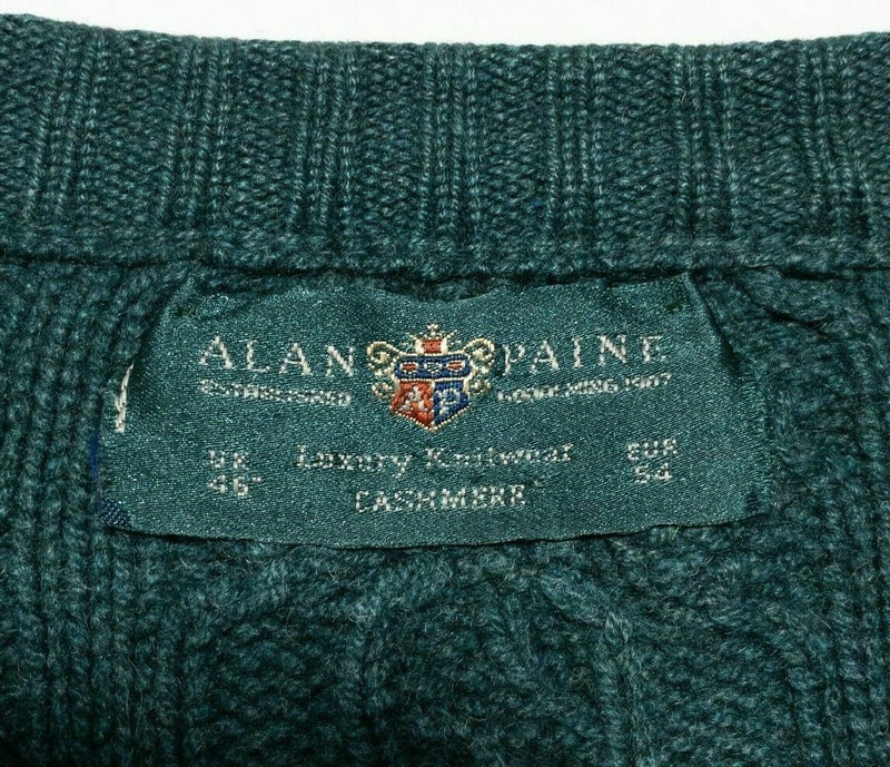 Alan Paine Men's UK 46 (XL) Cashmere Forest Green Cable-Knit Crewneck Sweater