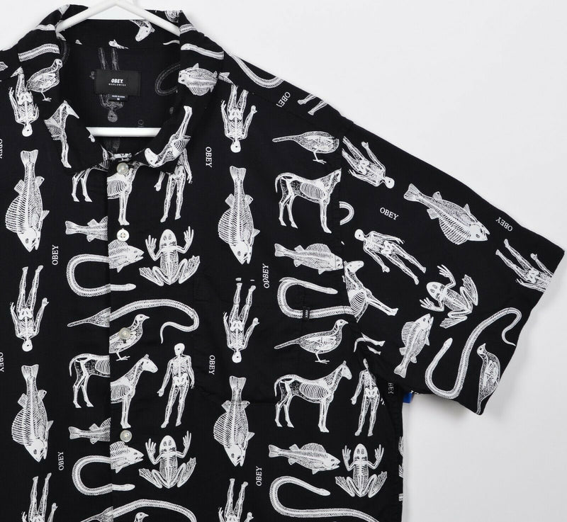 Obey Men's Medium Skeleton X-Ray Graphic Print Black Viscose Button-Front Shirt