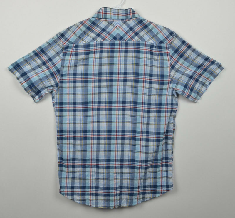 Blue Saks Fifth Avenue Men's Small Blue Plaid Cotton Spandex Short Sleeve Shirt