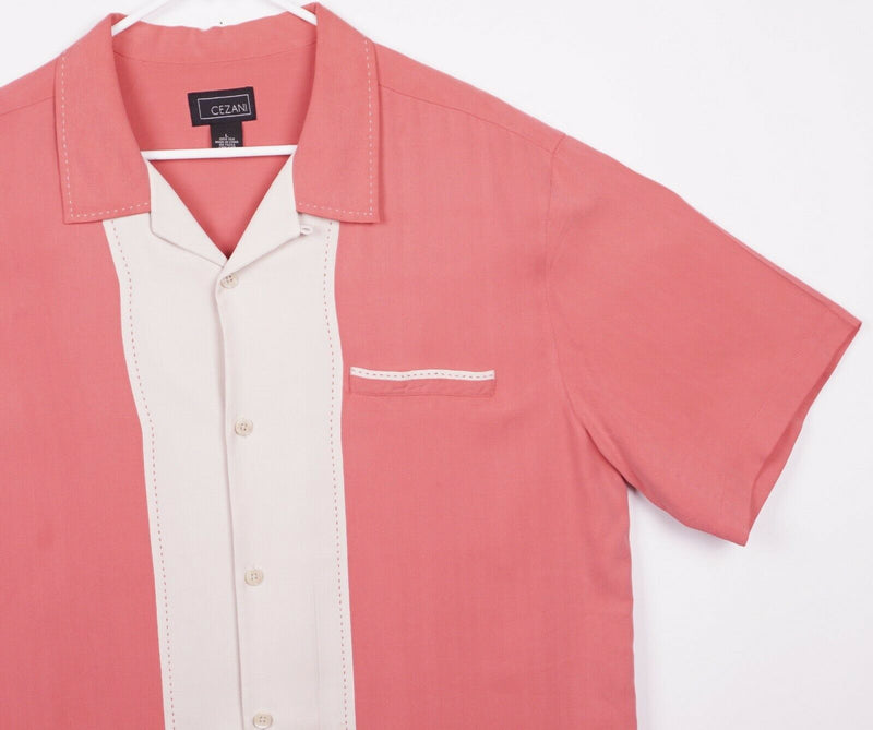 Cezani Men's Sz Large 100% Silk Peach Pink White Panel Bowling Camp Shirt