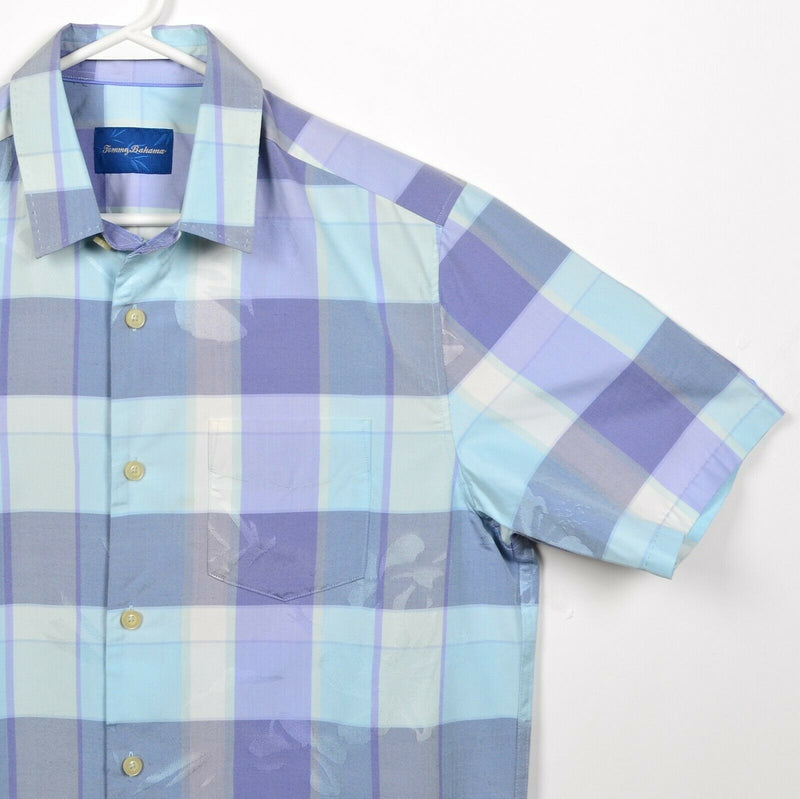 Tommy Bahama Men's Small 100% Silk Purple Aqua Plaid Textured Button-Front Shirt