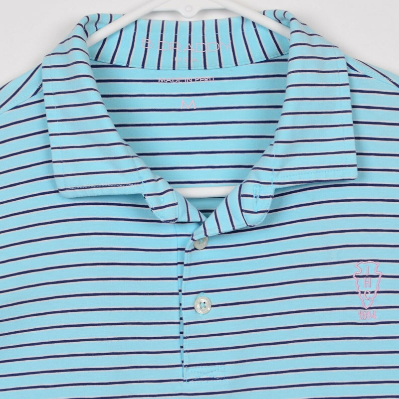 B. Draddy Men's Sz Medium Aqua Blue Striped Golf Polo Shirt Indian Hill Club