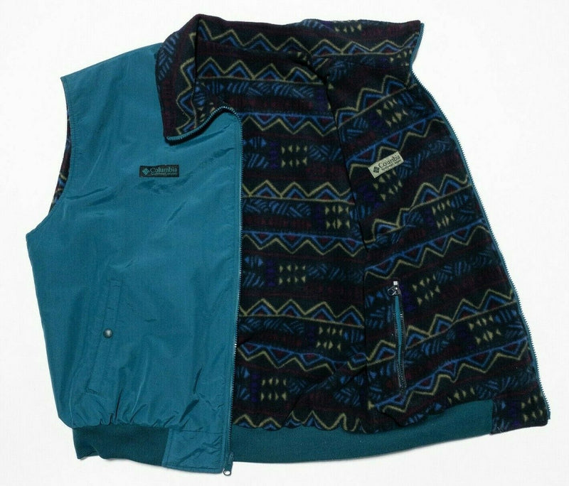 Columbia Reversible Vest Fleece Aztec Geometric Solid Teal Vintage 90s Men's XL