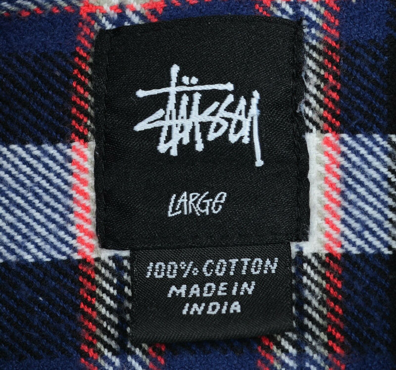 Stussy Men's Large Navy Blue Red Tartan Plaid Pockets Button-Front Flannel Shirt
