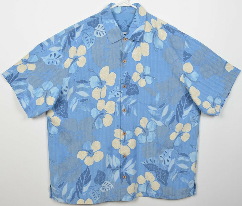 Tommy Bahama Men's XL 100% Silk Blue Yellow Floral Hawaiian Aloha Camp Shirt