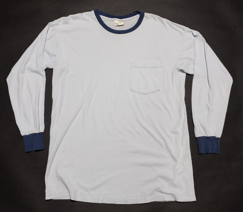 L.L. Bean Vintage Ringer T-Shirt Large Men's Long Sleeve White Blue Pocket USA