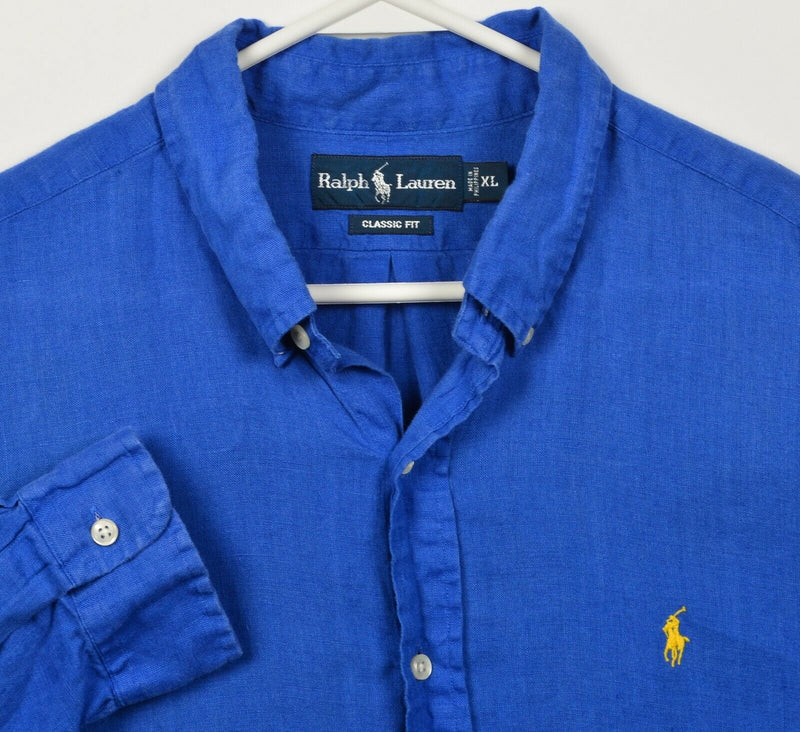 Polo Ralph Lauren Men's XL Classic Fit 100% Linen Solid Blue Long Sleeve Shirt