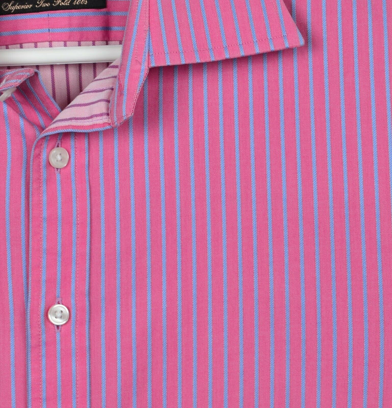 Thomas Pink Men's 17/43cm Slim Fit Pink Blue Striped Spread Collar Dress Shirt
