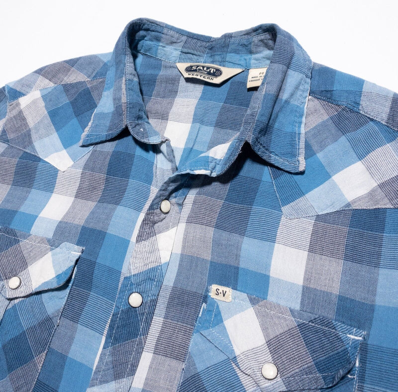 Salt Valley Pearl Snap Shirt Men's Medium Western Rockabilly Blue Gray Check