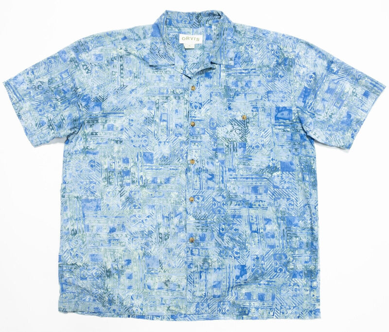 Orvis Hawaiian Shirt XL Men's Blue Green Geometric Loop Collar Camp Aloha 90s