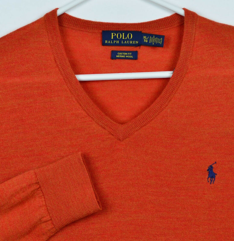 Polo Ralph Lauren Men's XL 100% Merino Wool Orange V-Neck Pullover Sweater