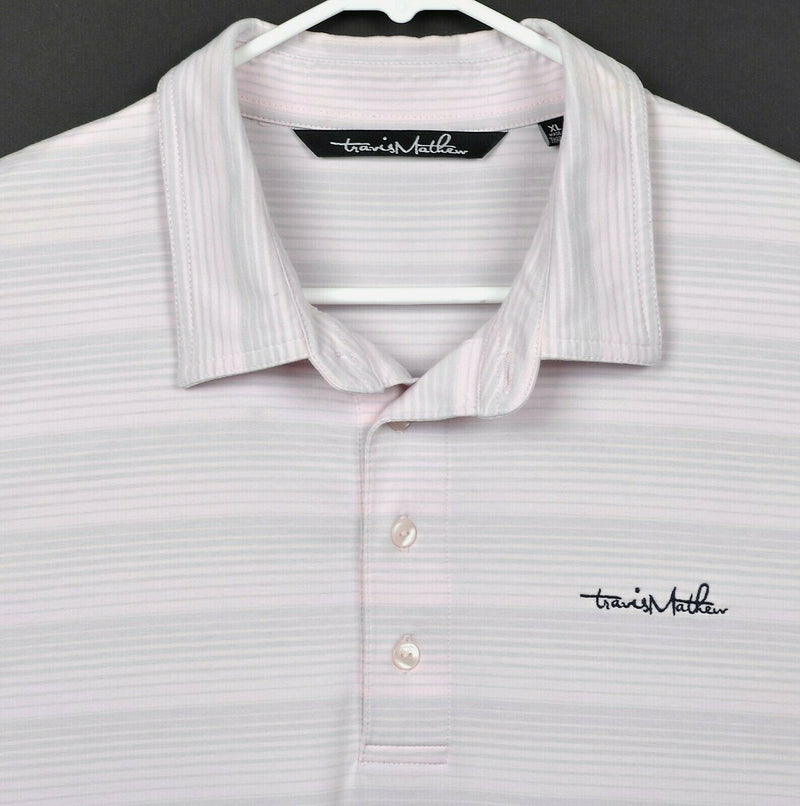 Travis Mathew Men's Sz XL Light Pink Gray Striped Performance Golf Polo Shirt