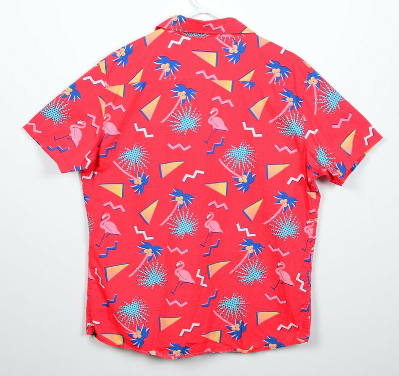 Neff Men's Large Red Flamingo Geometric Memphis Design Button-Front Shirt