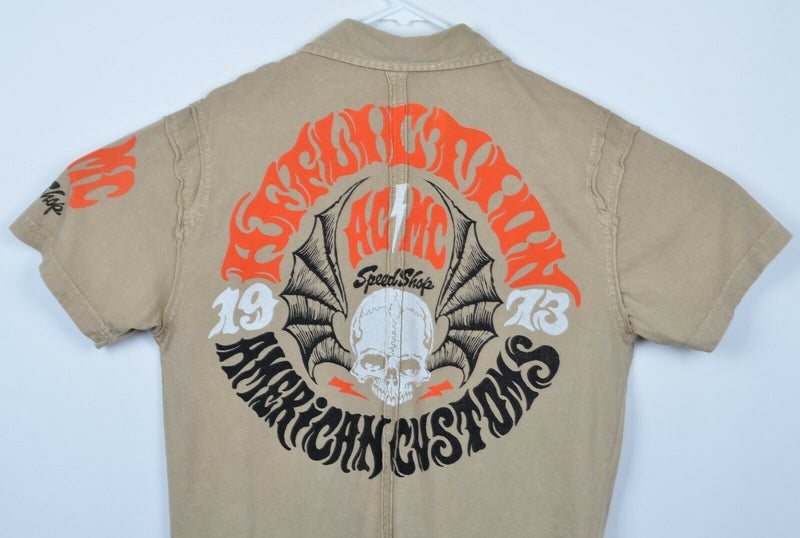 Affliction Men's Sz Large Skull American Customs AC/MC SpeedShop Tan Polo Shirt