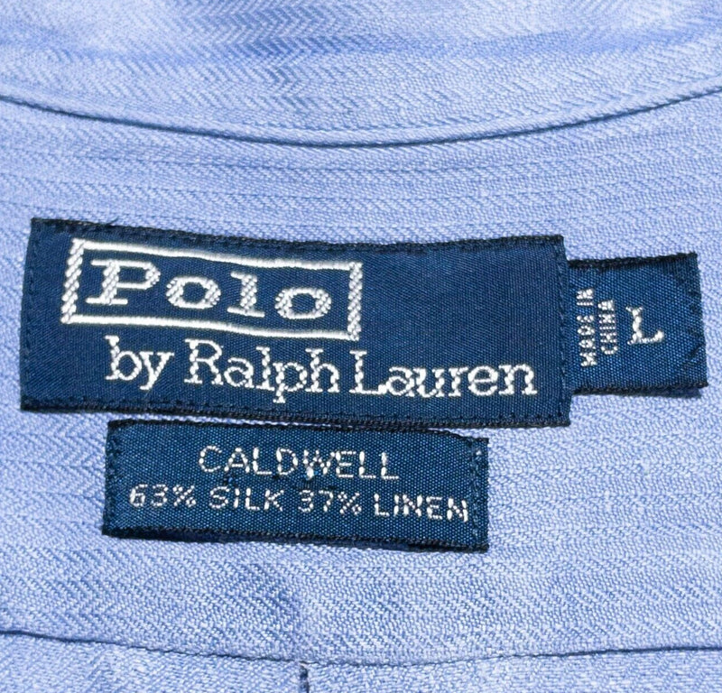 Polo Ralph Lauren Caldwell Shirt Men's Large Silk Linen Blend Loop Collar Blue