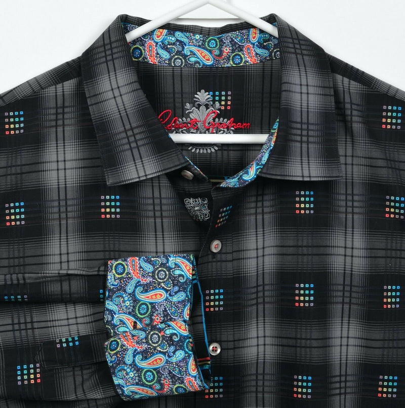 Robert Graham Men's 2XLT Flip Cuff Paisley Black Plaid Button-Front Shirt