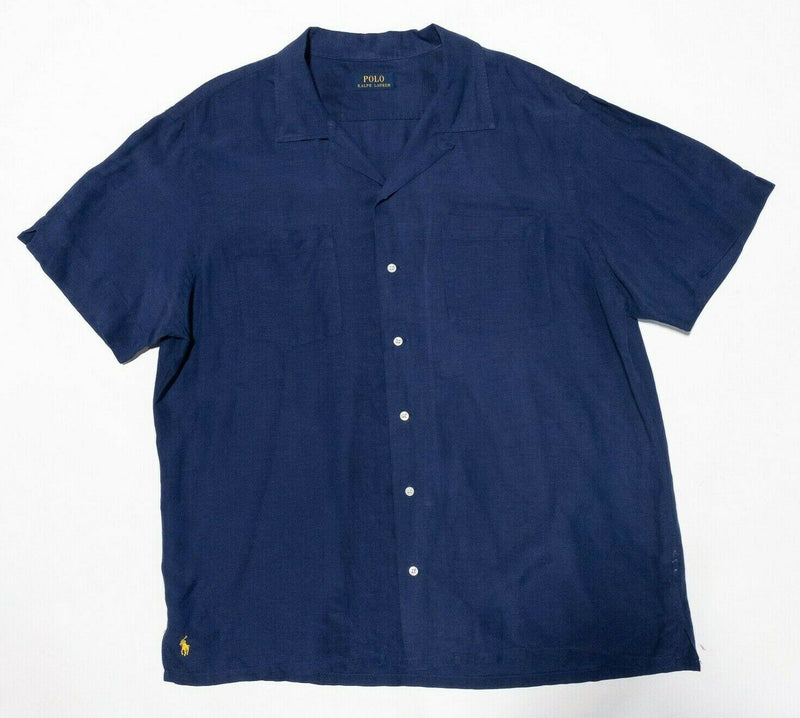 Polo Ralph Lauren Shirt Camp Shirt Mens Large/XL Linen Silk Blend Navy Blue Loop